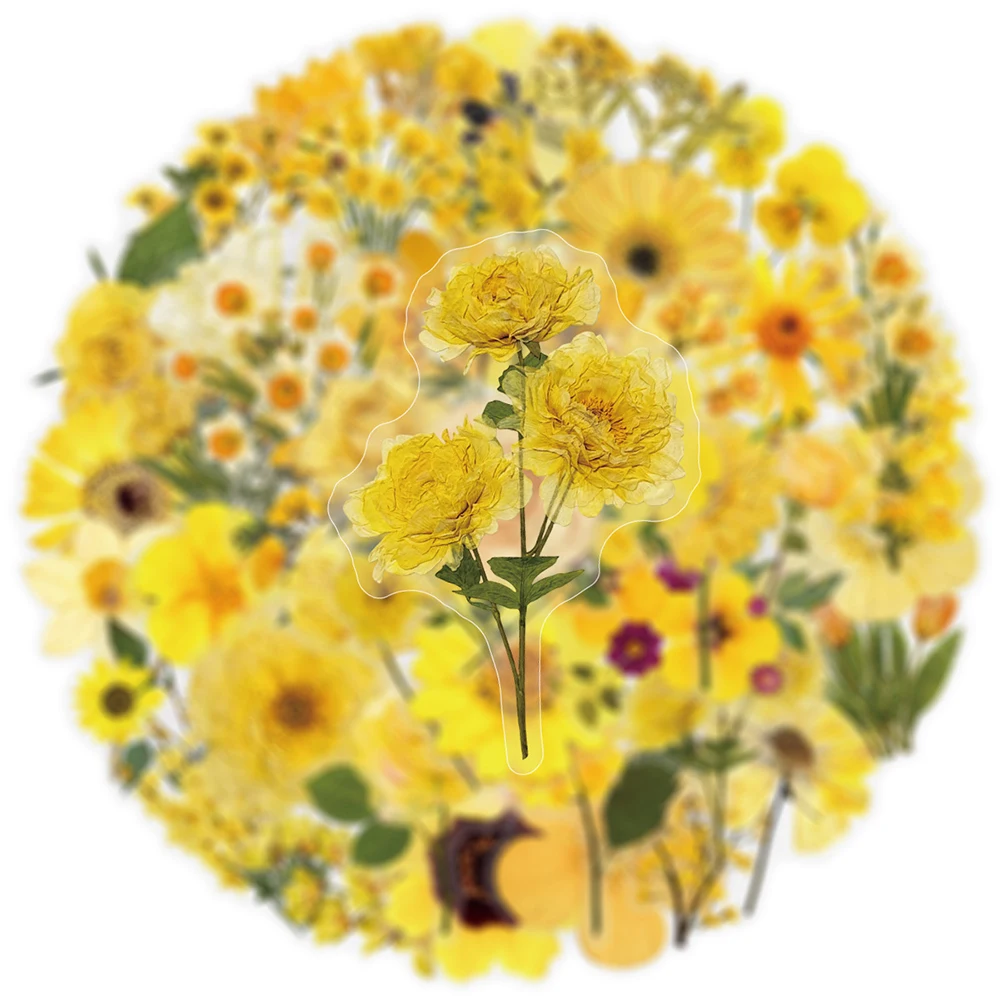 10/30/50pcs Transparent Cartoon Yellow Dried Flowers Stickers Aesthetic Embossed Art Decals DIY Suitcase Scrapbook Cute Sticker