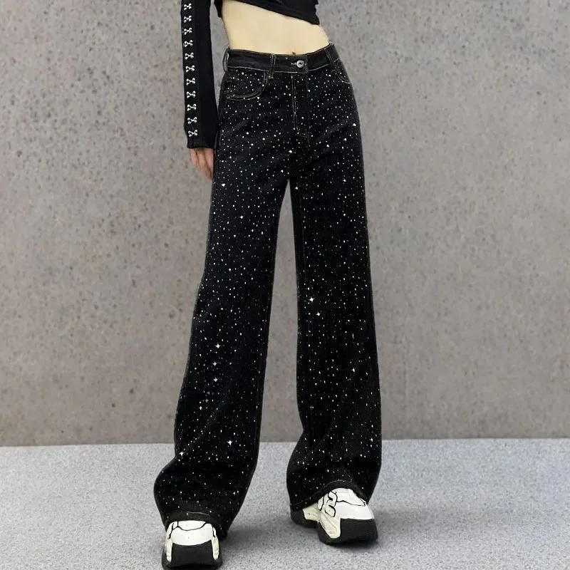 

New Female Black Jeans Are Cool Studded With Diamonds. Casual Denim Trousers High-waisted, Straight-leg Wide-leg Pants Women's
