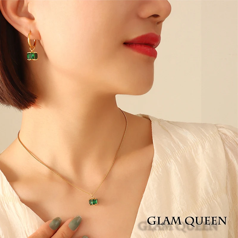 GLAM-pendientes de gota de circonita verde esmeralda para mujer, caja de regalo de acero inoxidable chapada en oro de 18K, juego de pendientes y collar