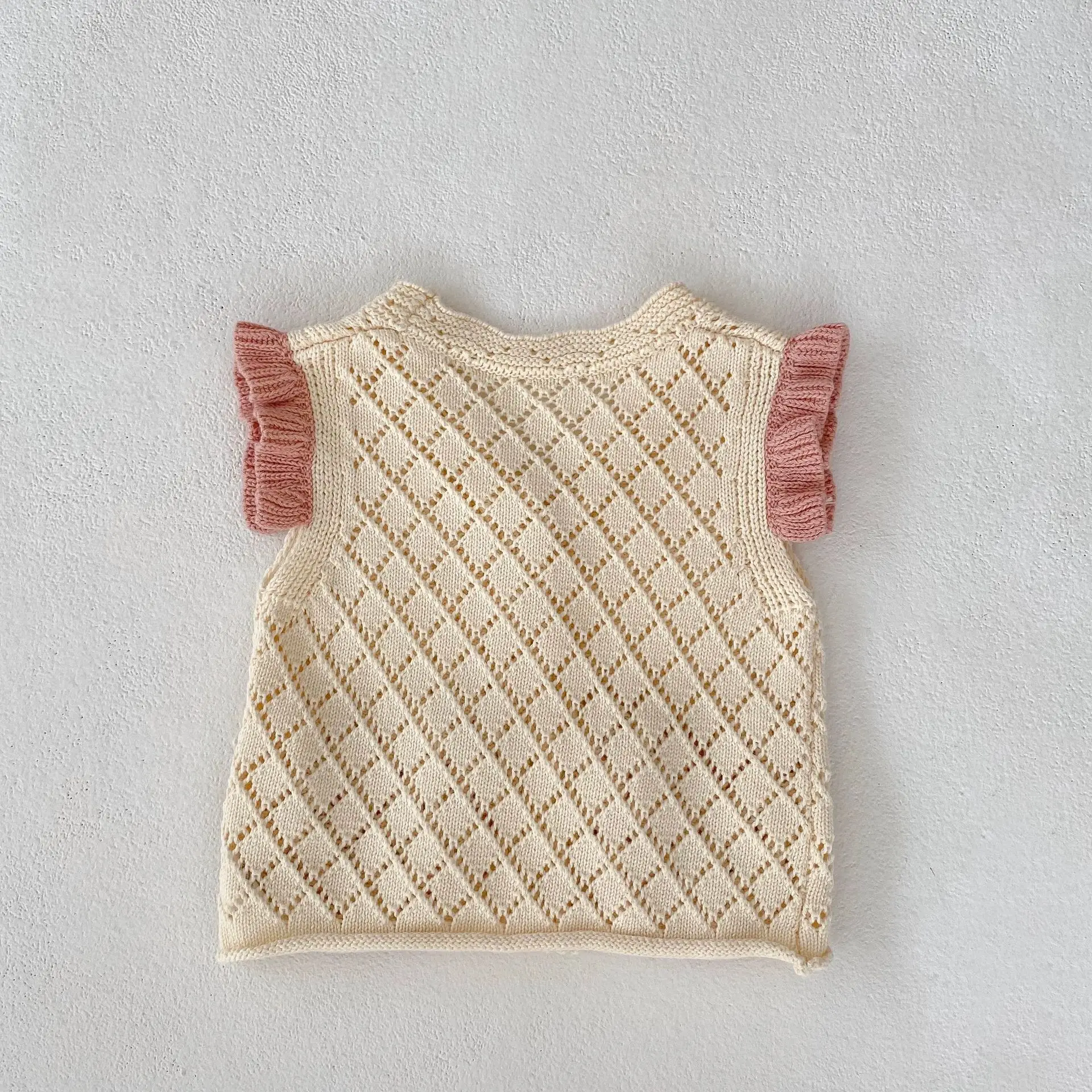 2023 Autumn Sweater 0-3Y Newborn Baby Girls Fly Sleeve Patch Knitted Hollow-out Top Single-breasted Vest Infant Kids Clothing