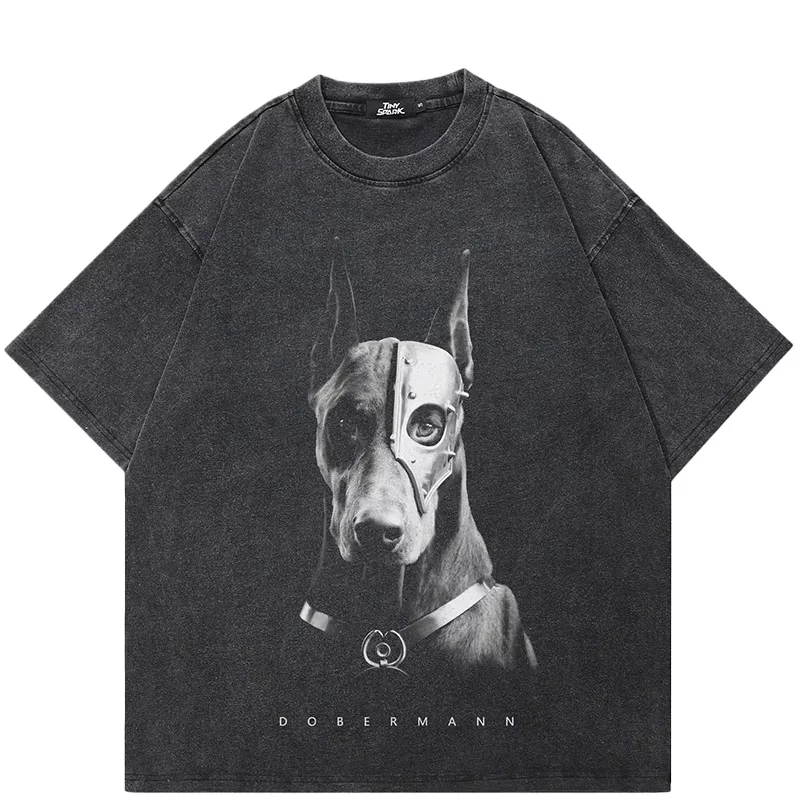 Danqi Yoyo Hip Hop 2025 Retro Washed Black T-Shirt Streetwear Masked Doberman Dog Graphic T Shirt Cotton Men Tshirt