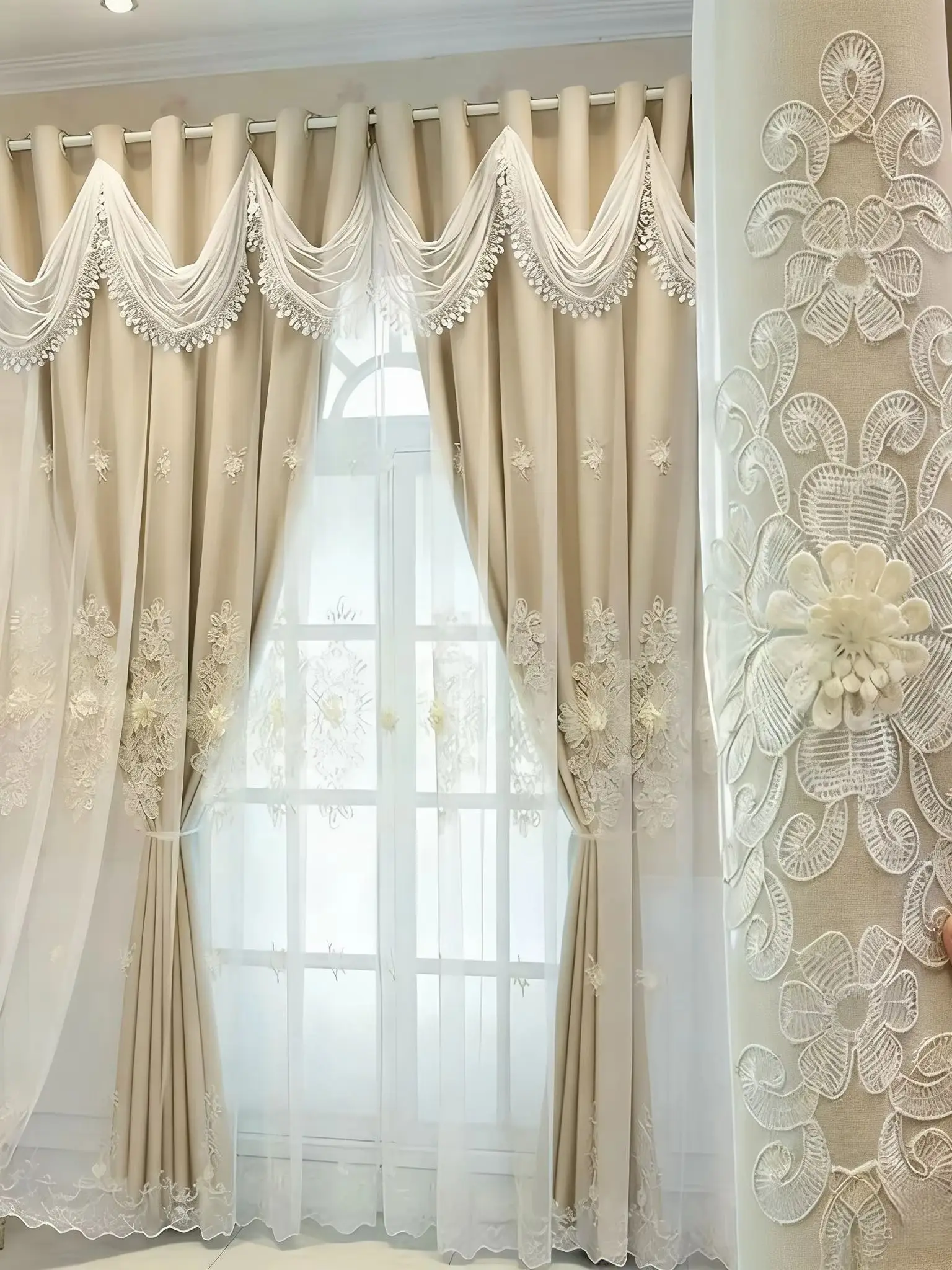 1pc Dreamy 3D Dual-Layer Floral Embroidered Curtain, Wave-Style Header Drapery, Suitable for Various Styles Living Room Bedroom