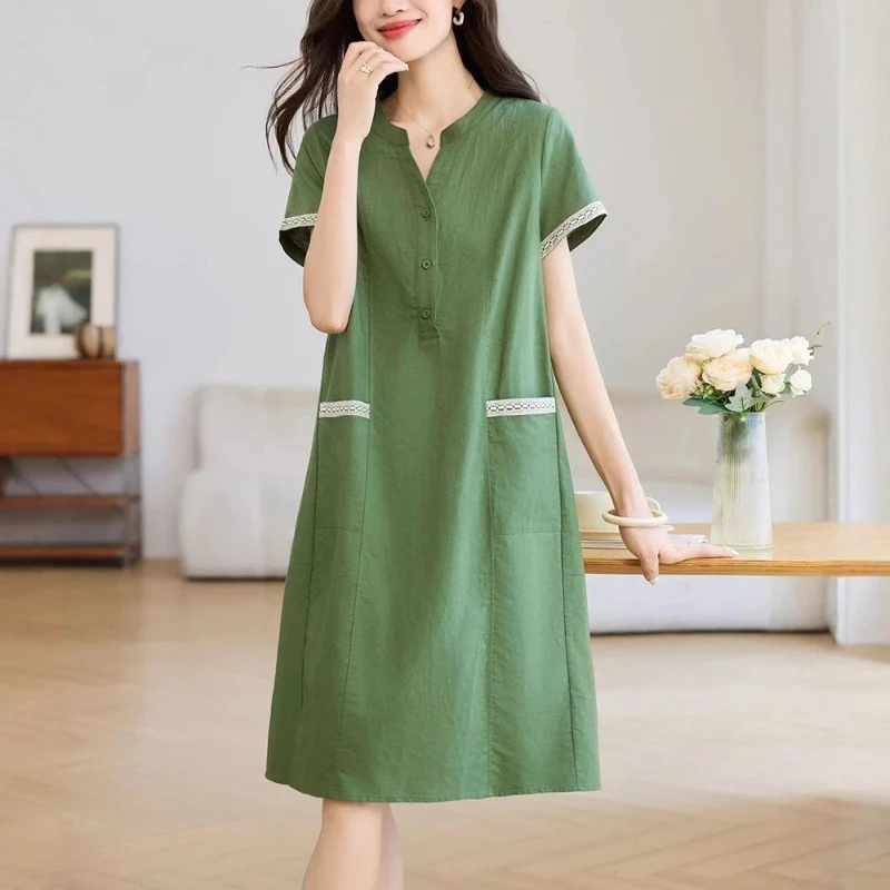 

Green V Neck Short Sleeve A Line Dress With Lace Trim And Pockets Casual Loose Fit For Spring Summer Women