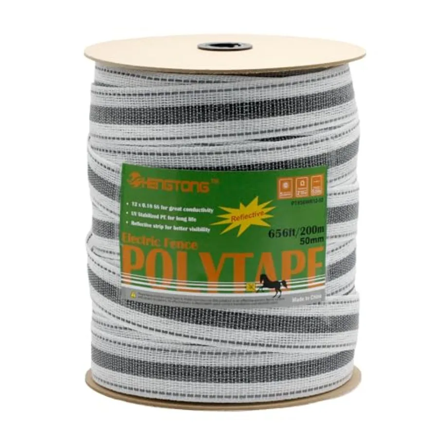 Upgraded Electric Fence Poly Tape with Reflective Strip Horse Fencing Tape 656 Feet 200 Meters 2 Inch 50 mm 12 x 0.18mm Stainle