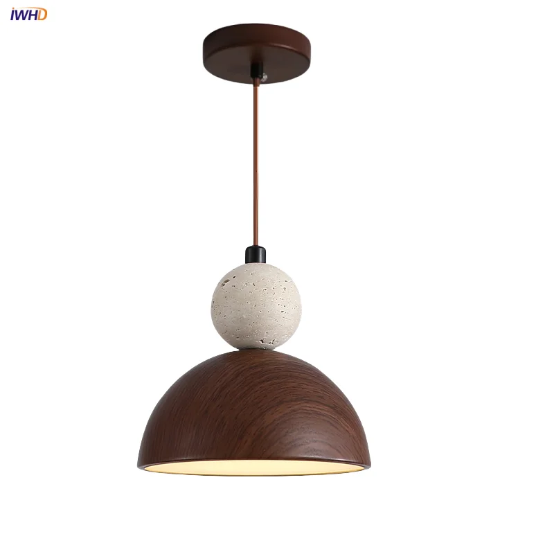 

IWHD Yellow Travertine LED Pendant Lights Bar Living Dining Room Semicircle Iron Stone Globe Wabi Sabi Hanging Lamp Hanglampen