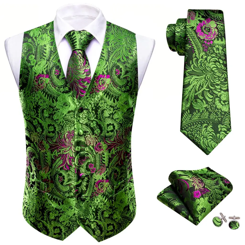 Luxury Dress Vest for Men Gilet Tie Set Silk Green Wedding Formal Suits Waistcoat Sleeveless Vintage Steampunk Barry Wang