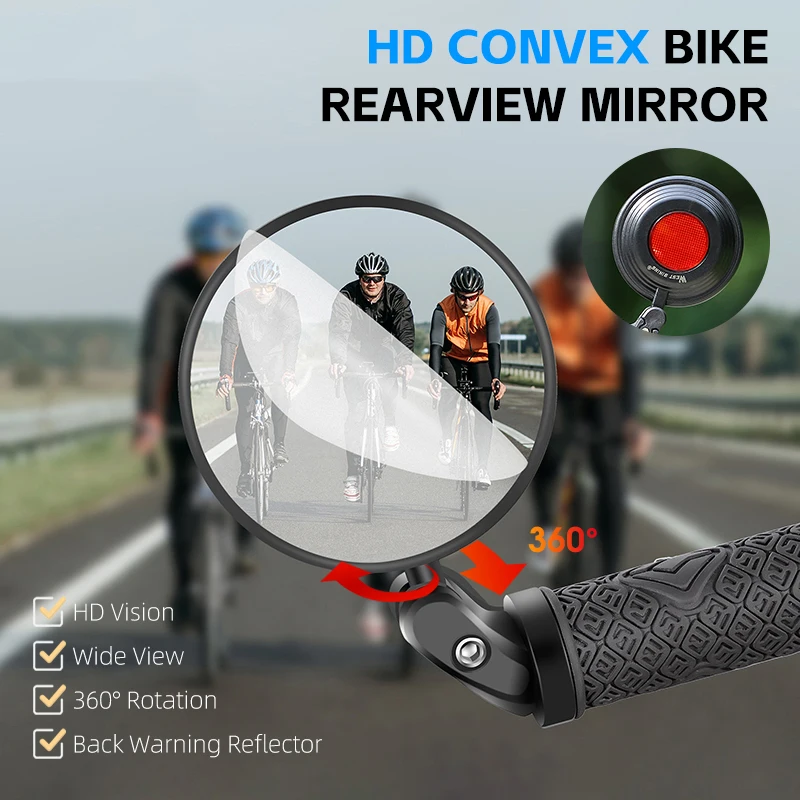 WEST BIKING HD Convex Bike Rearview Mirror 360 Rotation End Handlebar Bicycle Rear Mirror Safety Back Warning Cycling Reflector