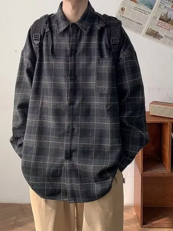 Retro Brushed Plaid Long Sleeve Shirt Men's Casual Loose plus Size Fleece Lined Coat Warm Non-fade Easy Care Chinese Brand