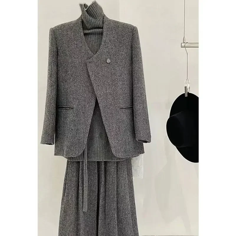 UNXX 2023 Autumn New Arrivals Gray Tweed Blazer and Skirt Set for Women with Chic Style High Quality Female Office Lady Clothing