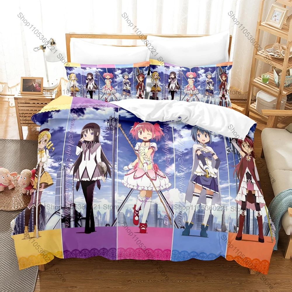 Puella Magi Madoka Magica Duvet Cover + 2 Pillowcases, Magical Girl Anime Print Bedding Set Soft Fabric for Fans Decor & Gifts
