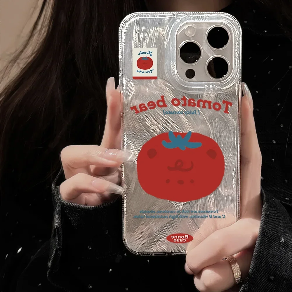 Funny Tomato bear vegetables Feathers laser art Phone Case For iPhone 16 15 14 13 12 11 Pro Max 15 Plus Case Cute Cartoon Cover