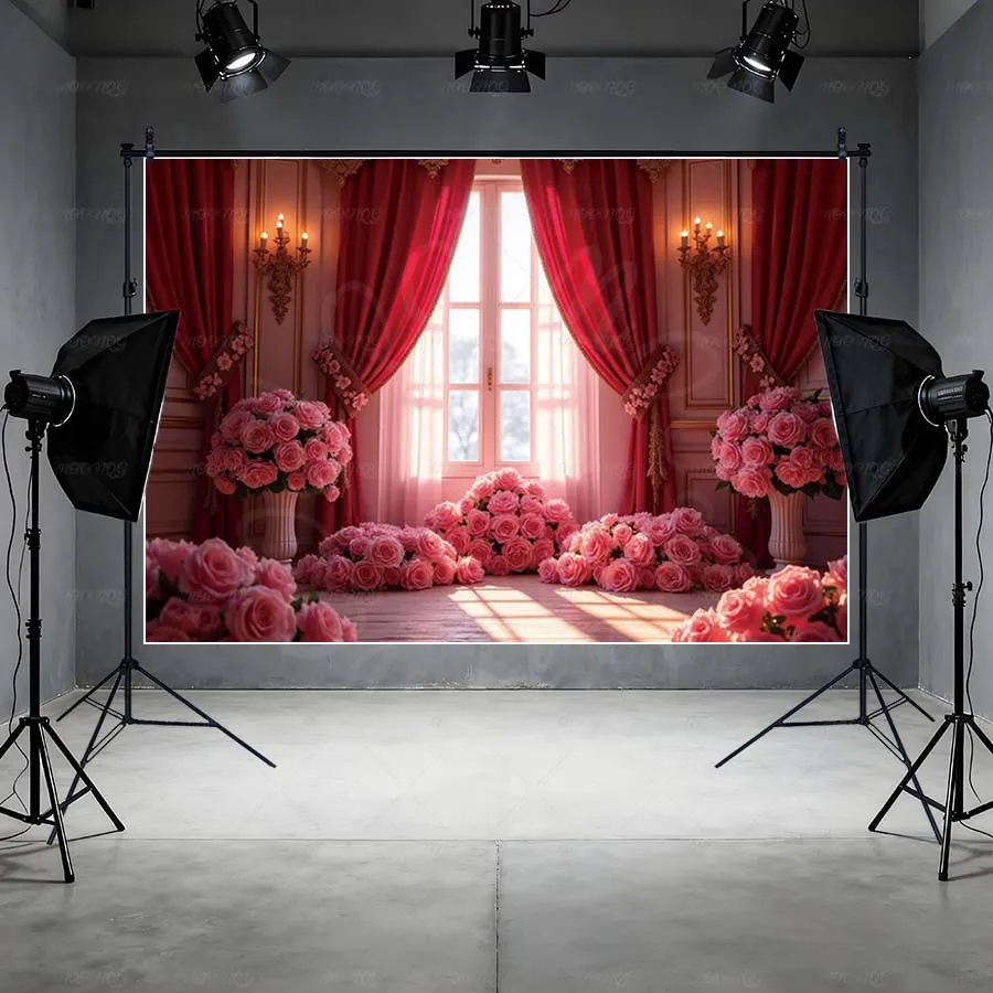 MOON.QG 장식 발렌타인 데이 2월 14일 배경 핑크 꽃무늬 창문 빨간 커튼 배경 사진 스튜디오 장식