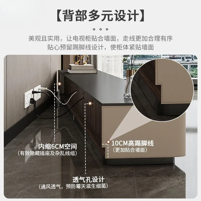 Minimalist black super long rock slab floor-to-ceiling TV cabinet coffee table combination cabinet modern light luxury