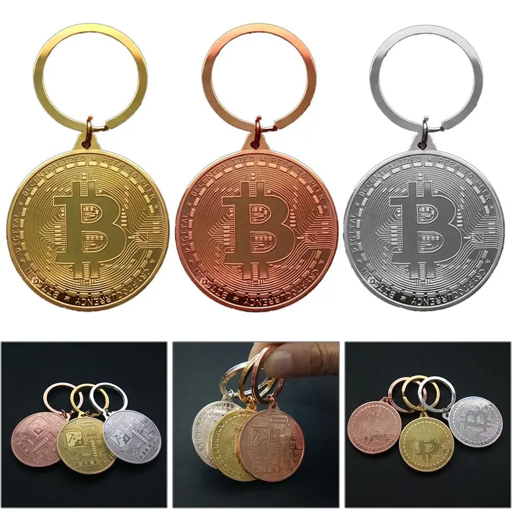 BTC Coin Key Chain Bitcoin Pendant Metal Keychain Gold Black Silver Halloween Cos Kid New Year Holiday Christmas Birthday Gift