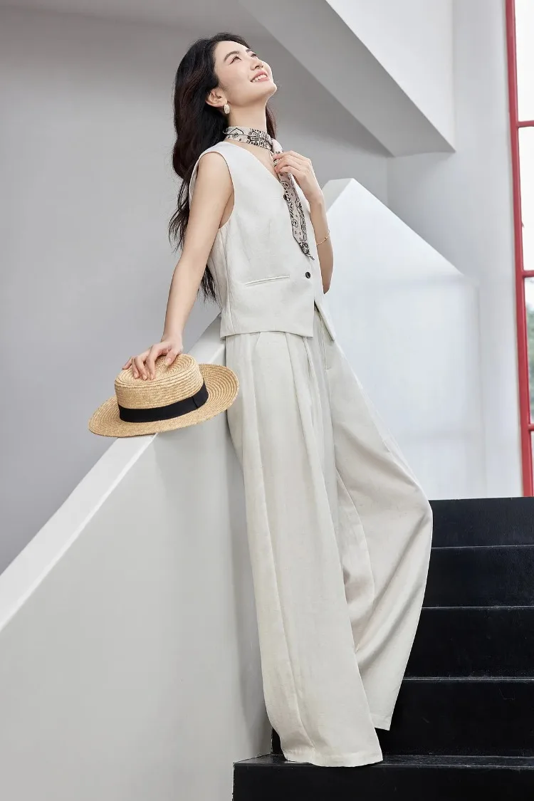 SENTUBILA Office 2 Piece Pant Set 2026 Women Linen Blend Summer Suit V Neck Waistcoat Wide Leg Baggy Pant Print Scarf 162ZA5663Z
