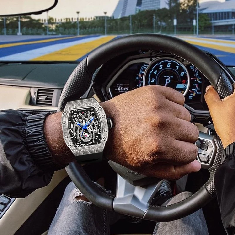 

HANBORO Men Automatic Watch Luxury Mens Watches Mechanical Wristwatch Luminous Tonneau 50M Waterproof Rubber Strap Crystal Bezel