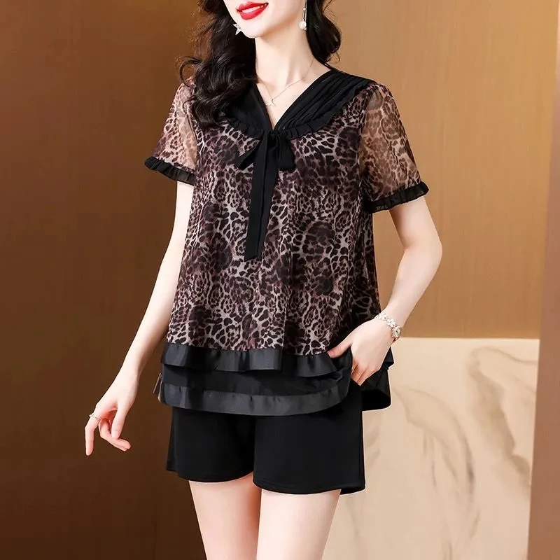 

Women's2PCS 2024 Summer Mesh Leopard Print Be All-Match Fashion Female Tops +Loose Casual Temperament Short Pants Lady Two-Piece