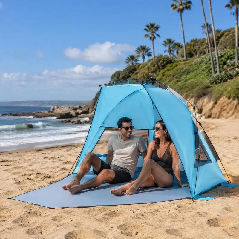 Abri de plage automatique avec protection solaire 200 x 150 x 110 cm, poteaux en fibre de verre à ouverture rapide, sac de transport et poches résistantes à la sable, abri portable idéal pour la famille
