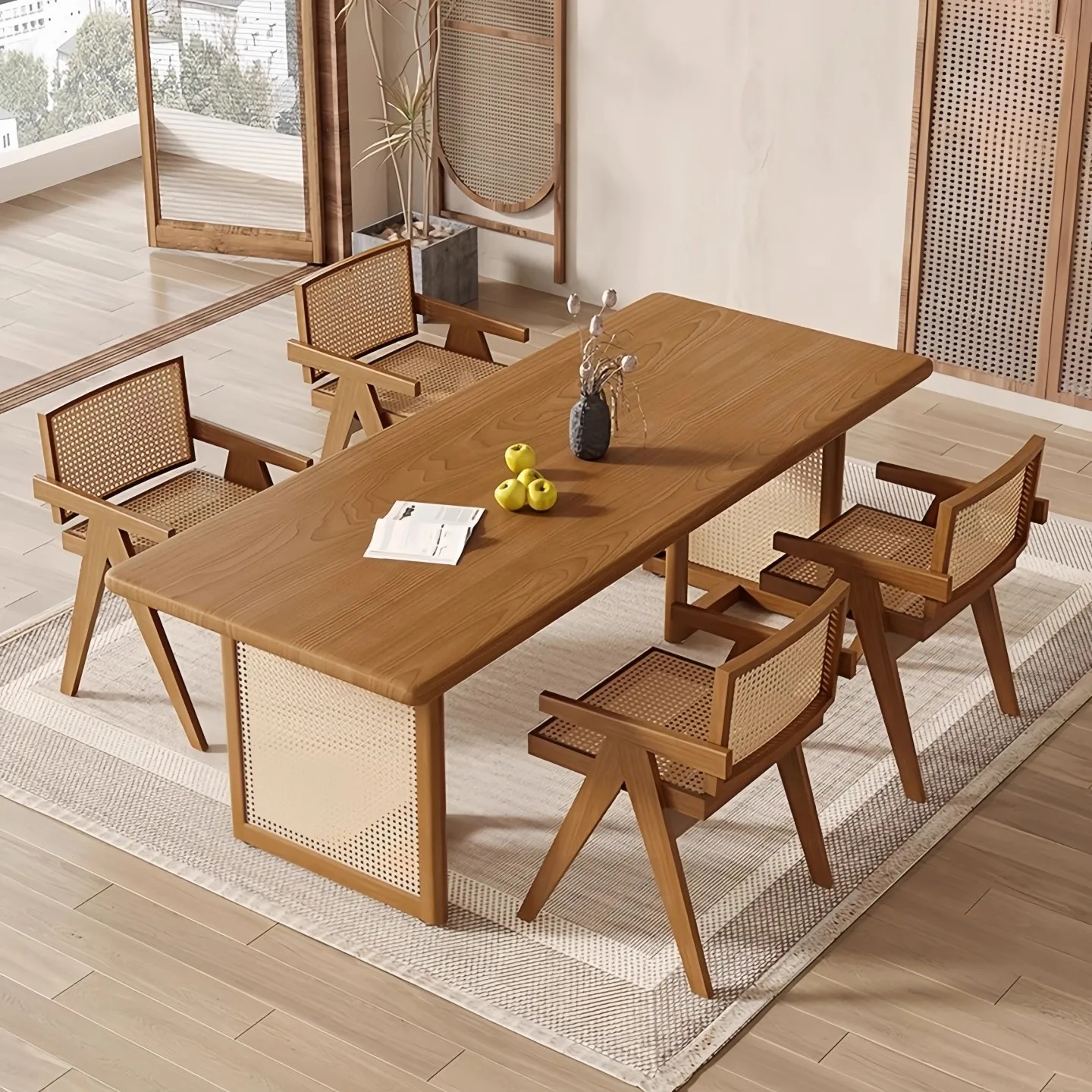 Solid wood rattan dining table B & B household small apartment rectangular eating table log tea