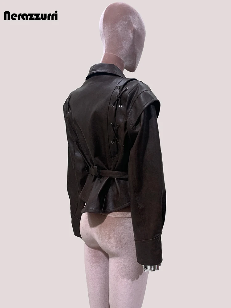 Mauroicardi Autumn Retro Brown Short Asymmetrical Pu Leather Jacket Blazer Women Shawl Collar Lace Up Luxury Designer Clothes