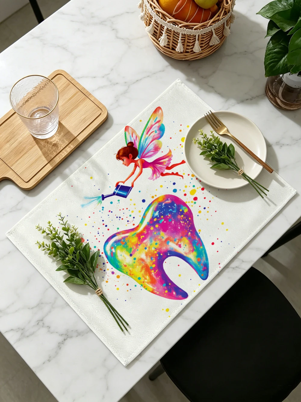 Printed Placemats for Dining Table Kitchen Holiday Parties Fairy Watering Colorful Tooth Art