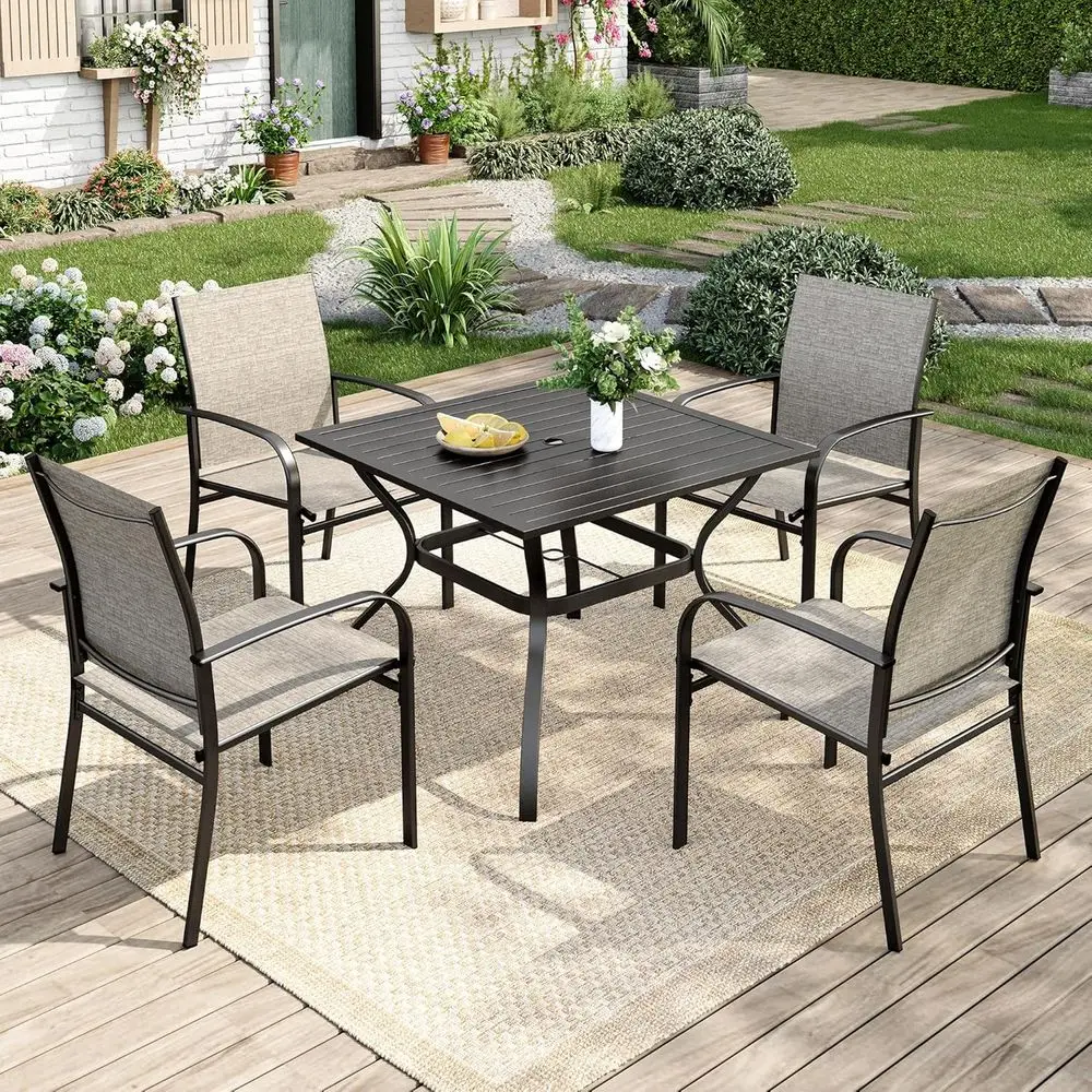 

4-Person Outdoor Patio Dining Set with 4 Brown Textilene Chairs and 37 Square Metal Table, Umbrella Hole Included