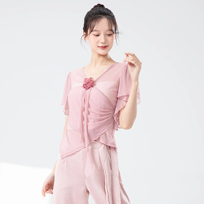 Top da Danza Classica per Donna, Abbigliamento da Allenamento, Maglietta in Tulle con Maniche Corte a Volant, Decorazione Floreale, Costume da Palcoscenico Fluido, Camicetta Estiva