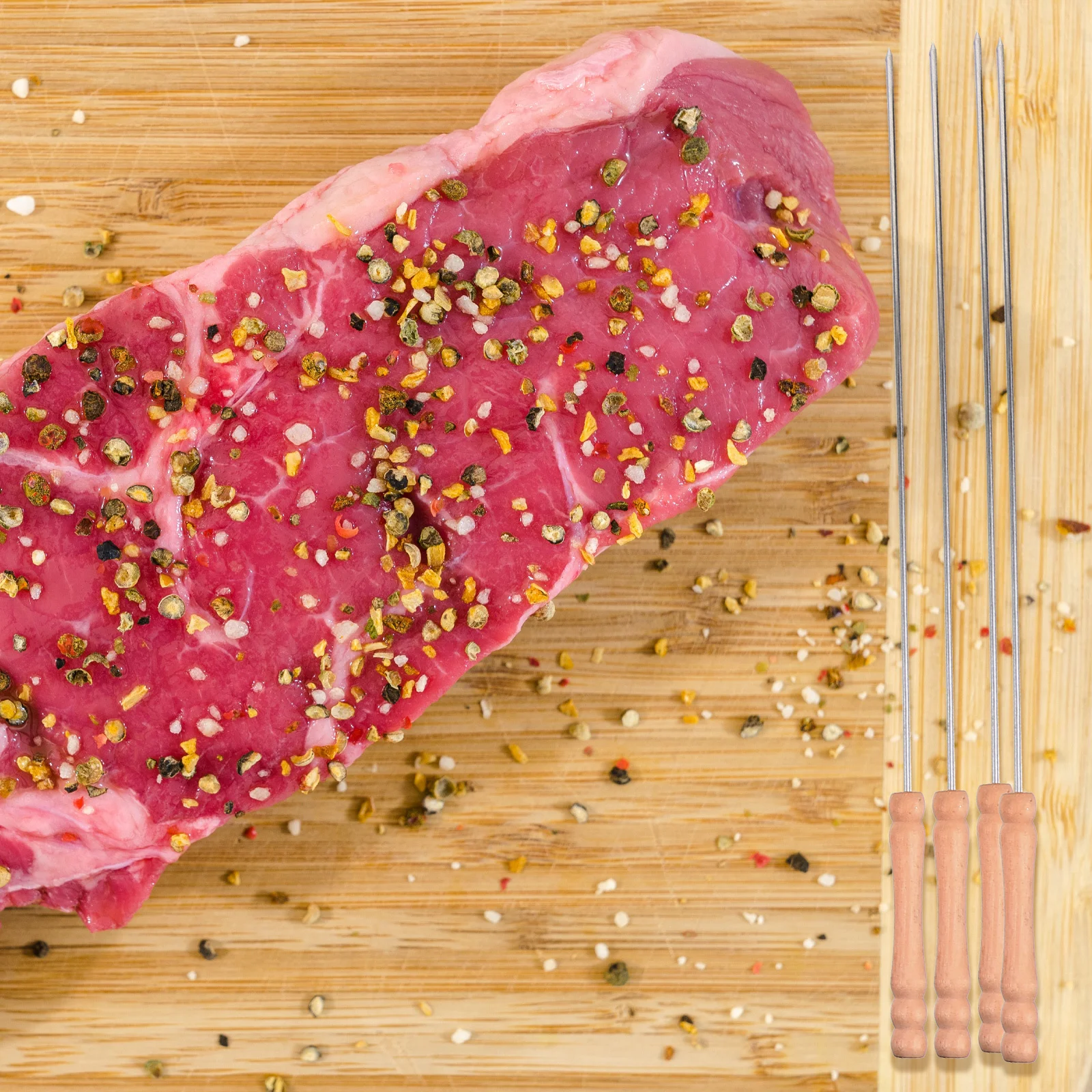 

12pcs Wooden Handle Bbq Skewers Stainless Steel Reusable Long Barbecue Sticks For Grilling Outdoor Party Cooking Tools Supplies