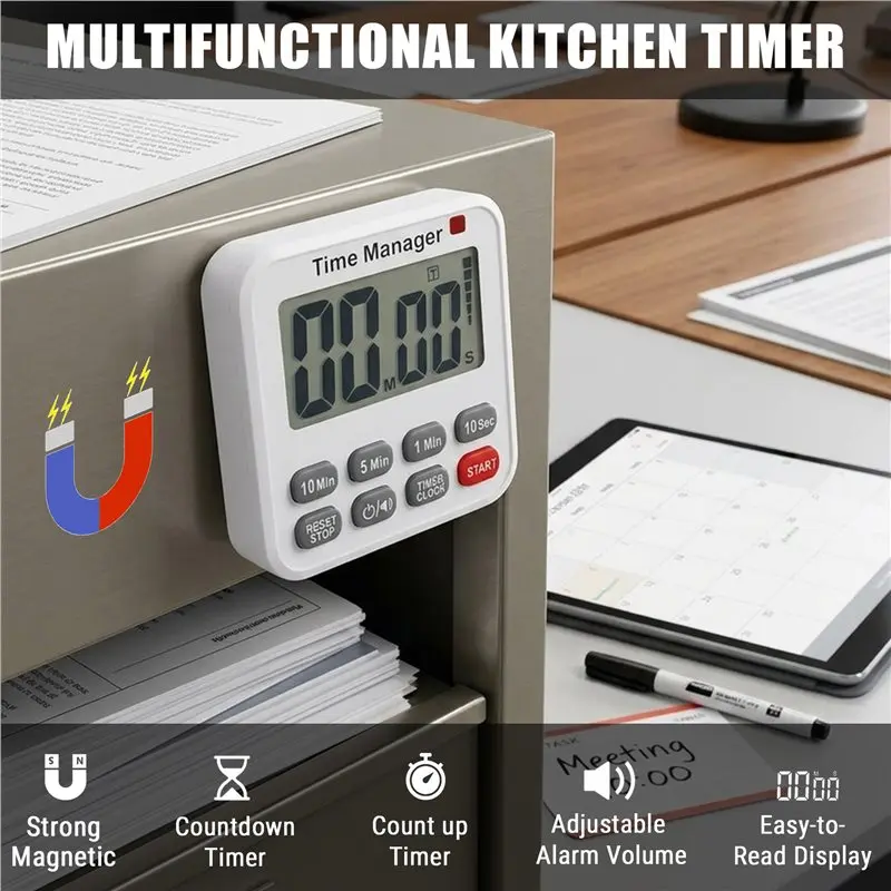 IALJ-For Cooking Study Magnetic Digital Kitchen Timer 99 Min 59 Sec Count Up Down Big LCD Display