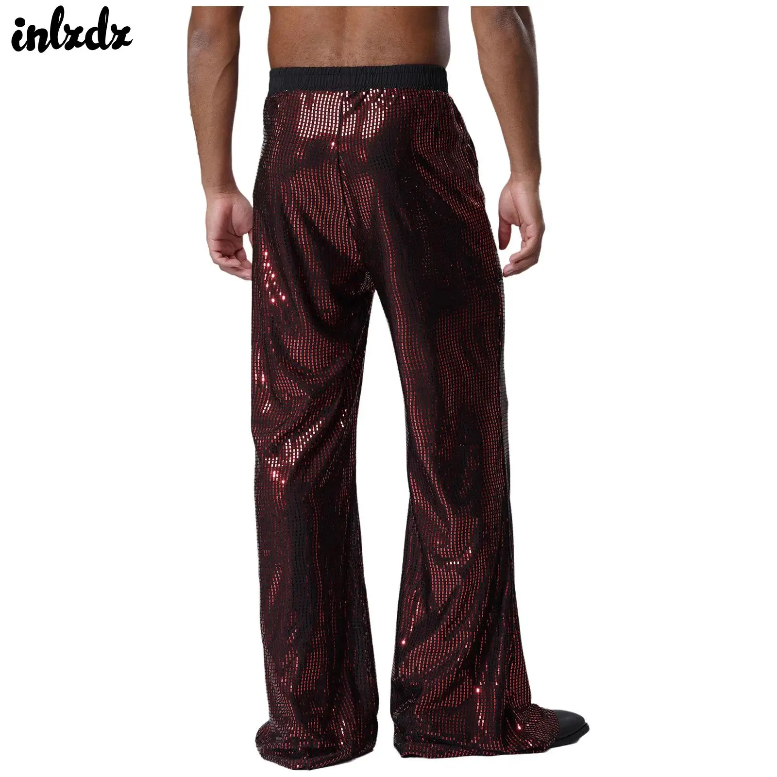 Mens Glittery Sequin Flared Pants Elastic Waist Bell Bottom Long Pants Trousers Clubwear Rock Music Party Jazz Dance Costume
