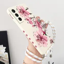Ink Painting Flowers Crossbody Lanyard Silicone Phone Case For Samsung Galaxy S23 S22 S21 S20 S8 Plus Note 20 Ultra 10Plus Cover