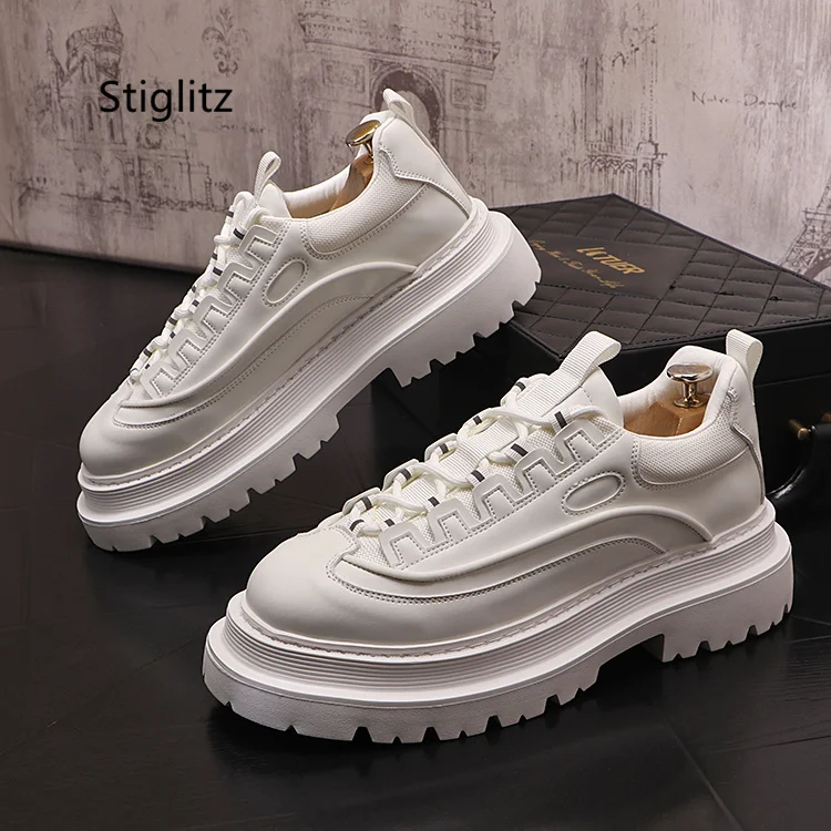 Little White Shoes for Men Outdoor Sneakers Breathable Thick Bottom Height Increasing Casual Shoes Leather Sports Board Shoes