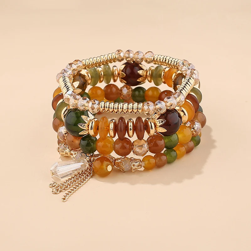4-teiliges Armband-Set mit Quasten- und Perlenanhängern für Damen, bunte Glasperlen-Kette, Armreif, weiblicher Boho-Schmuck – Detail 11