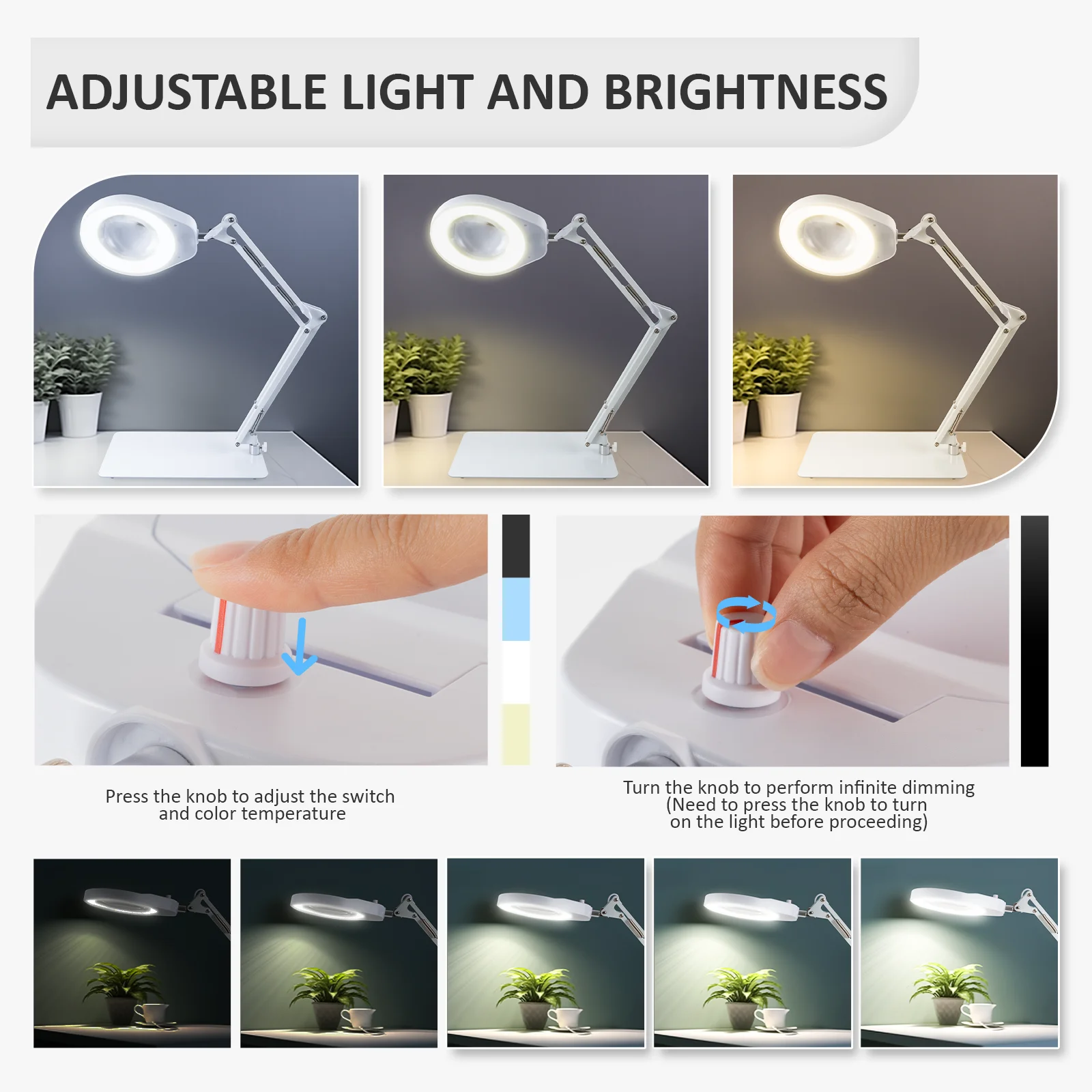 Lupa 10x com luz e suporte, braço oscilante, lâmpada de ampliação, regulável stepless, 5 dioptria, lente de vidro real