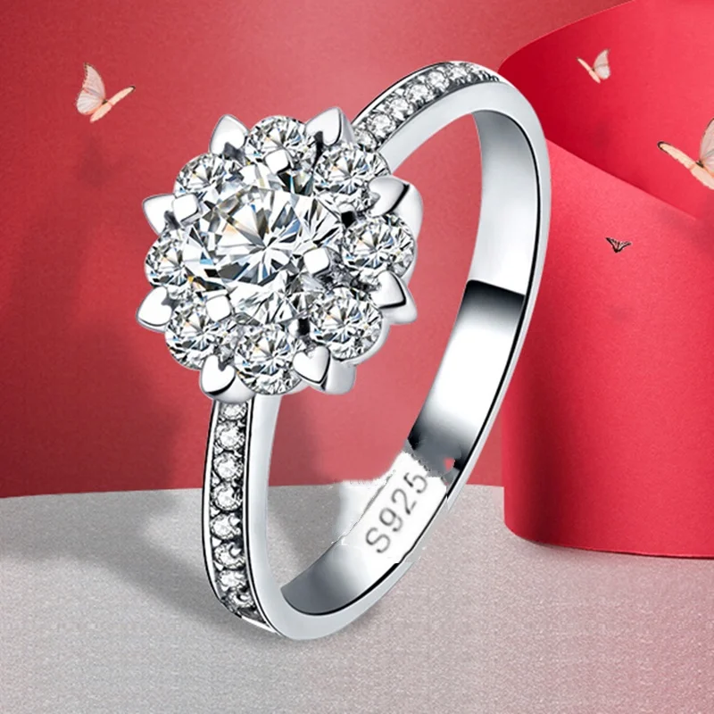 Luxuriöser klassischer Ring aus 925er Sterlingsilber für Damen, Schneeflocken-Schmuck, einfacher 30-Karat-Diamantring, Damenring mit Diamantimitat – Detail 3