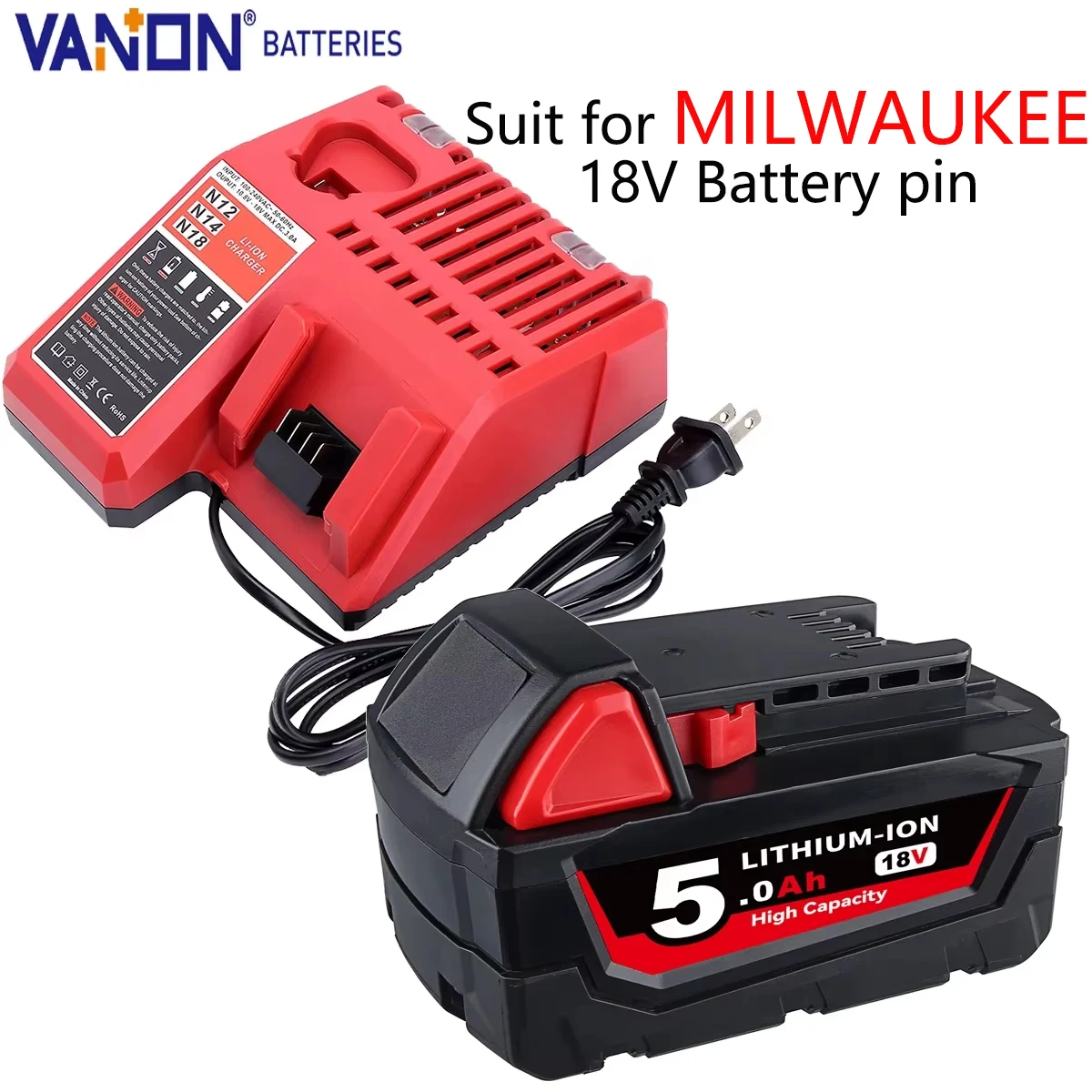 

Vanon M18 5.0Ah 18V Lithium Battery and M12-18C Charger 48-11-2420 48-11-2411 Tool Battery Replace for MIL-WAU-KEE Battery pin