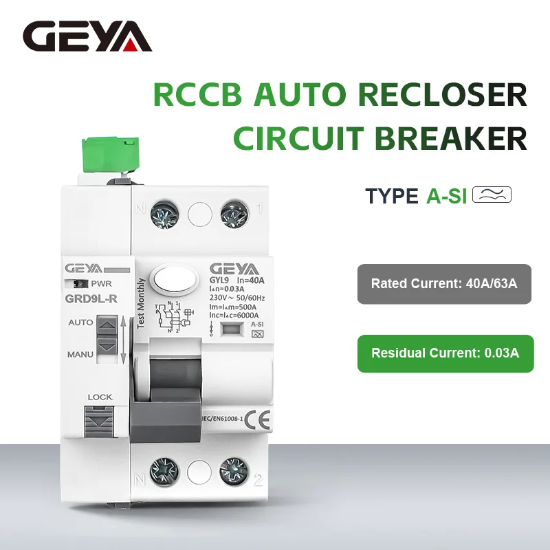 GEYA RCD A-SI RCCB Reenclavador Automático GRD9L Interruptor Diferencial 2P 40A 0.03A (30mA) Electromagnético Súper Inmunizado