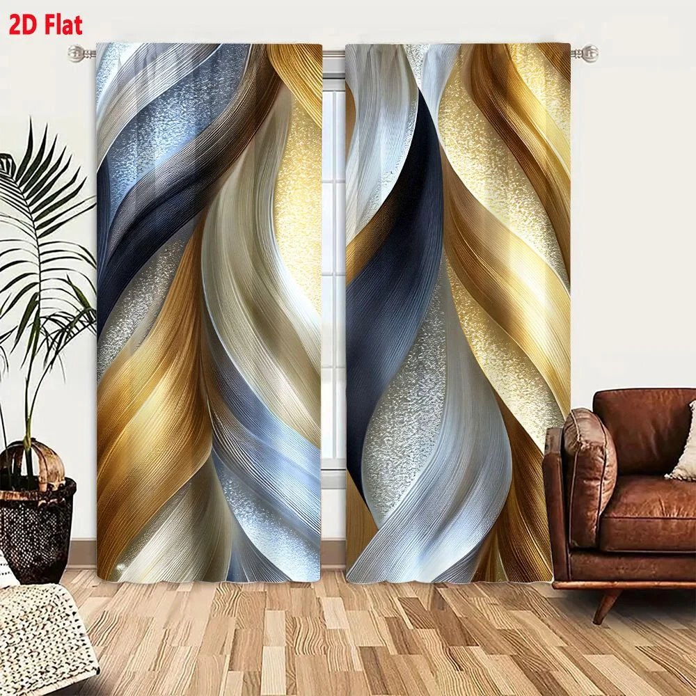 2Pcs Curtains Abstract Gold Silver Blue Liquid Metal Ribbon Art Print Modern Luxury Wall Decor Window Drapes for Bedroom Room De