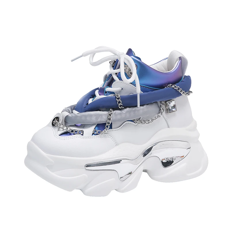 Winter Chain Leather Sneakers 7.5CM Heels Platform Ankle Shoes Autumn Thick Bottom Chunky Sneakers Punk Style Sports Dad Shoes