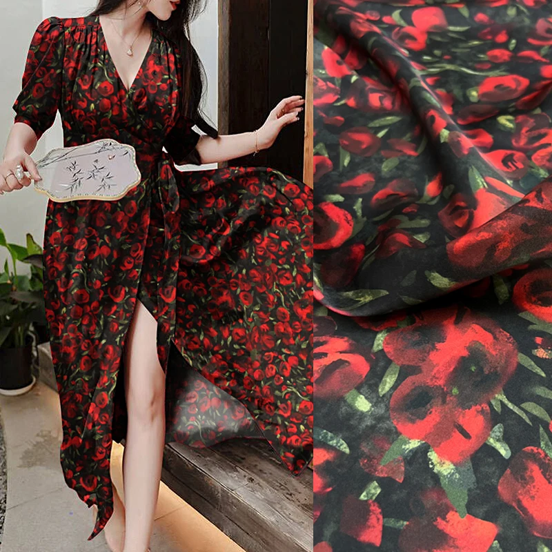 Silk Satin Fabric with Printed Design-140CM Width,19MM, Red Tulips on Black Print,Stretch Smooth Fabric for Summer Dresses D1536