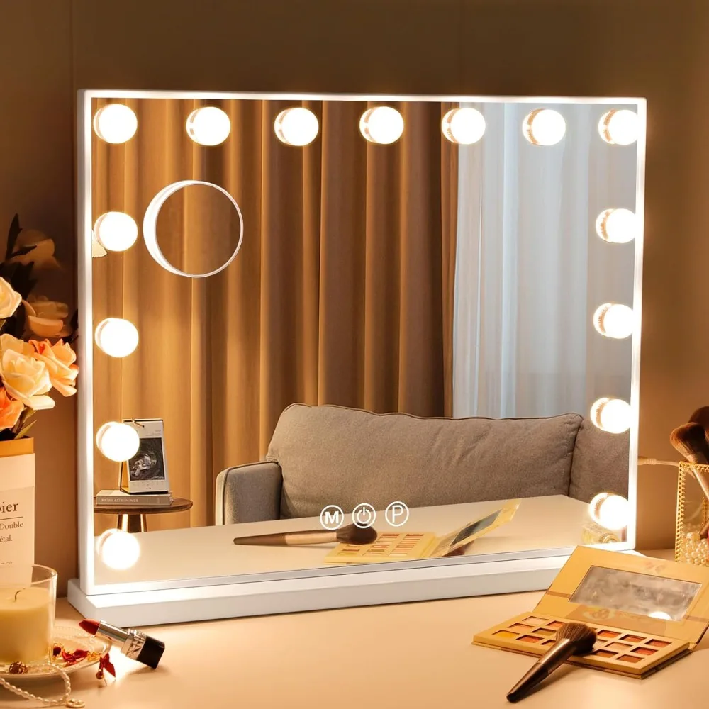 Vanity Mirror with Lights and Bluetooth Makeup Mirror, with 15 LED Bulbs Lighted Vanity Bluetooth Mirror 3 Lighting Modes White