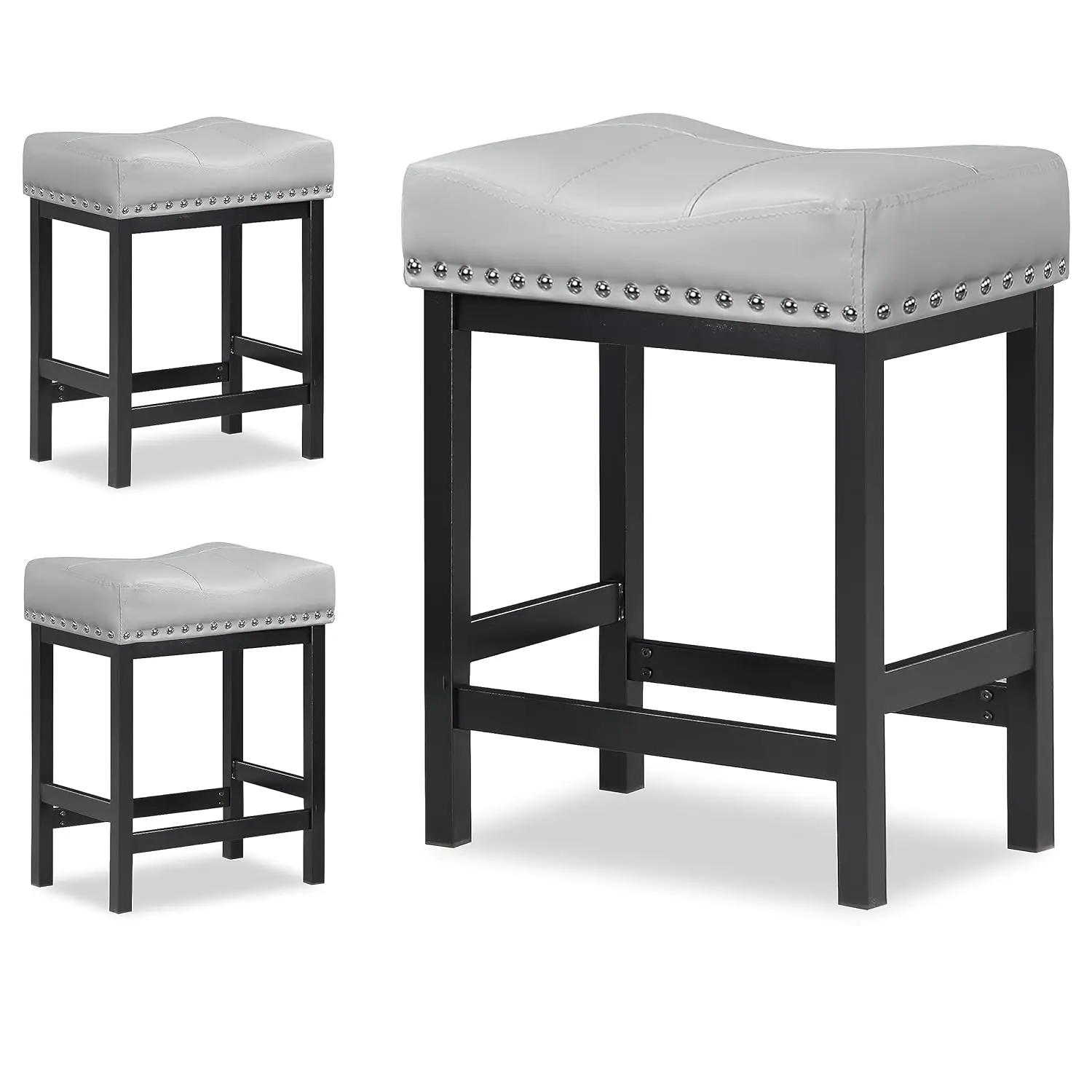 

25in Counter Height Bar Stools Set of 3 Gray Faux Leather Saddle Seat with Nailhead Trim Black Metal Kitchen, Customized