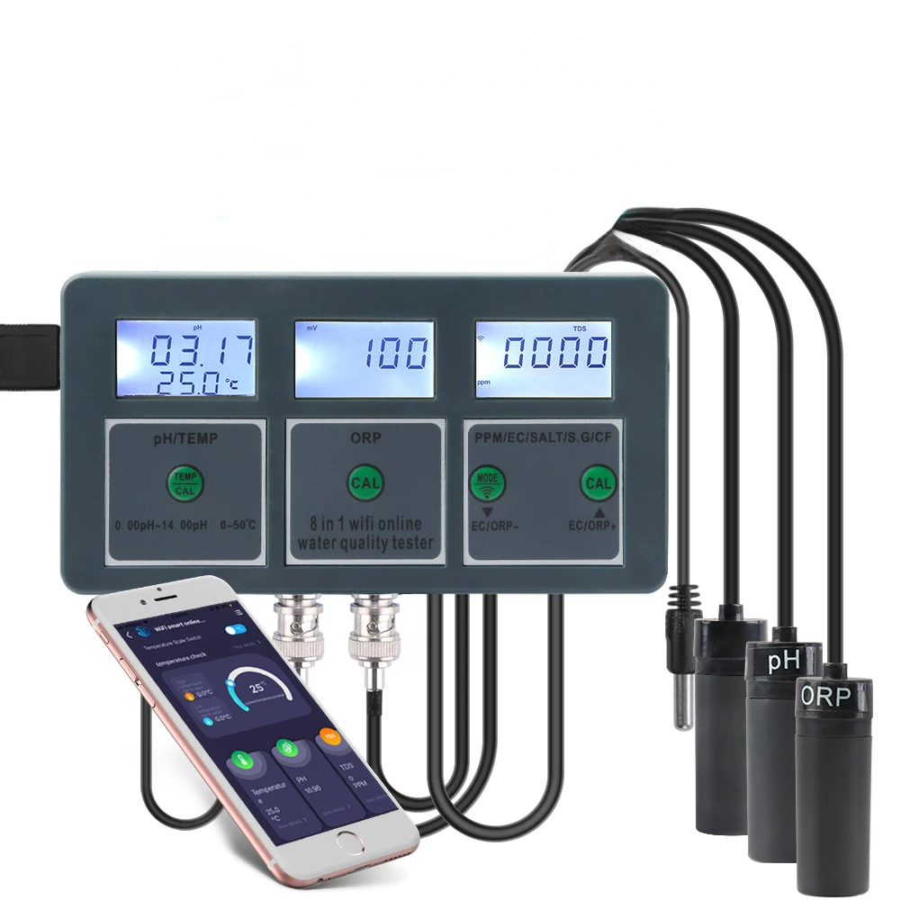 Smart Tuya Wifi 8 in 1 salinity meter acidity meter with data logger function, for landscaping, hydroponic plants