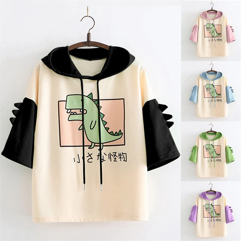 

Summer Cute Dinosaur Print Pullover Sweater With Round Neck Hooded Panel Short Sleeve Sweater Black Purple Pink Green Blue Women