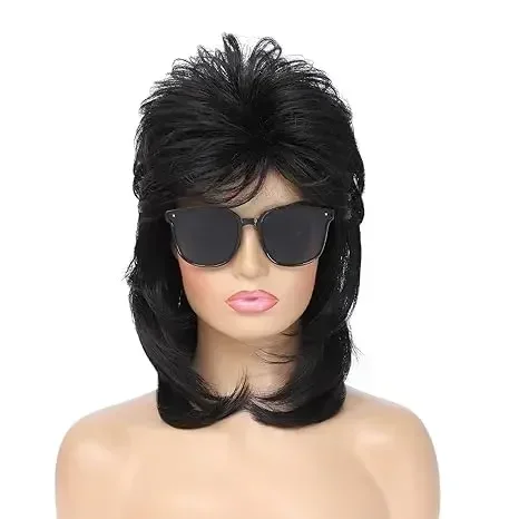 QQXCAIW Synthetic Hair Mullet Wig for Men 70s 80s Costumes Mens Black Fancy Party Cosplay Hair Synthetic Wigs Halloween