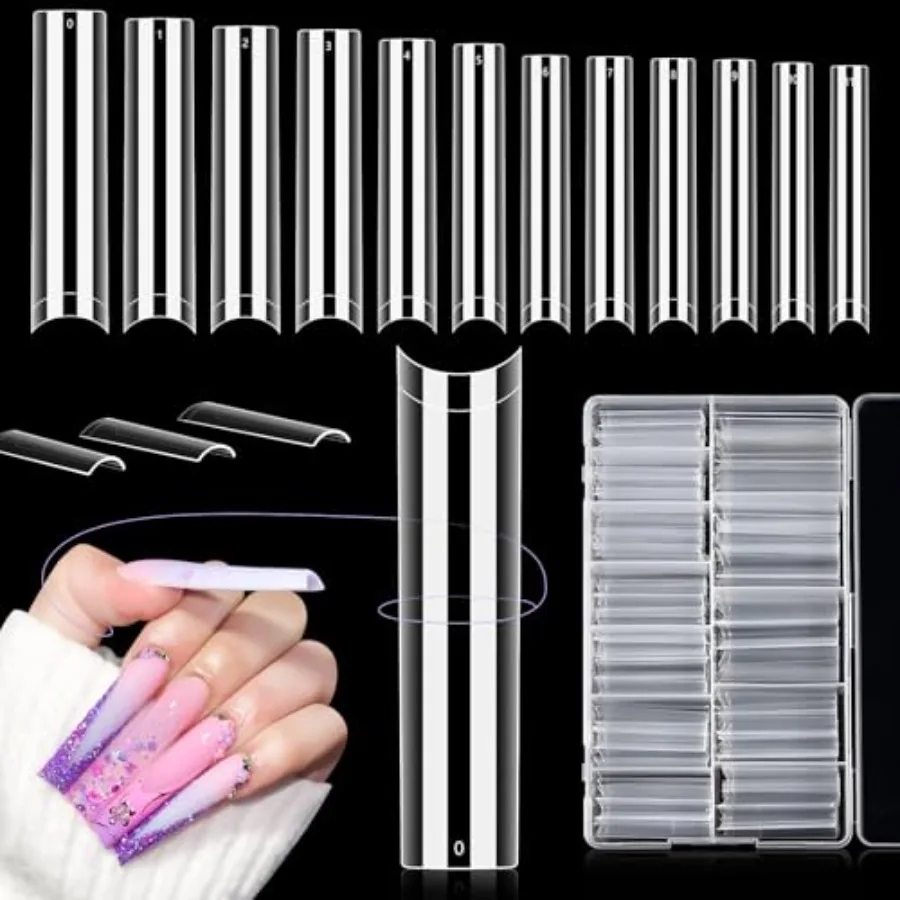 

504PCS No C Curve Clear Nail Tips for Acrylic Nails Professional, 3XL Extra Long Flat Tapered Square Nail Tips, 12 Sizes Half C