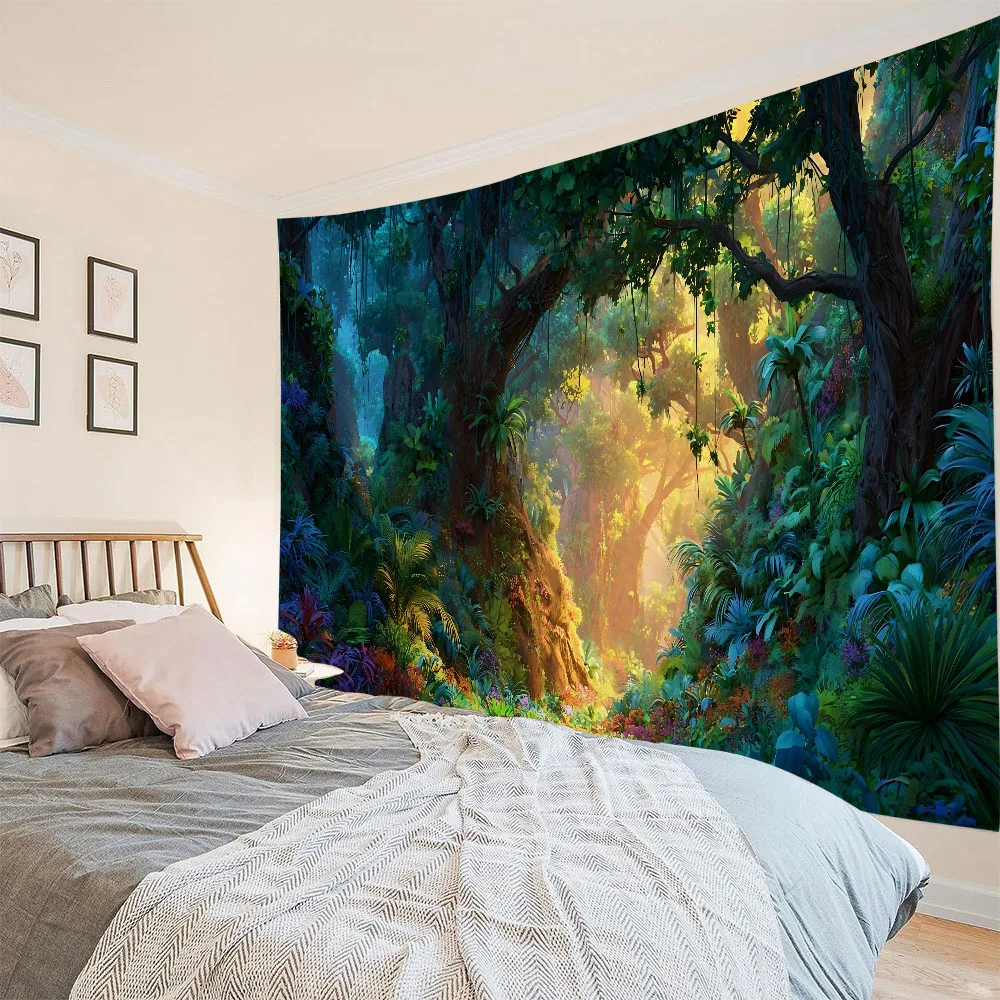 

Dreamy Jungle Tapestry Wall Hanging Cartoon Background Poster Dormitory Bedroom Decoration Fabric Mural Bed Sheet Beach Mat