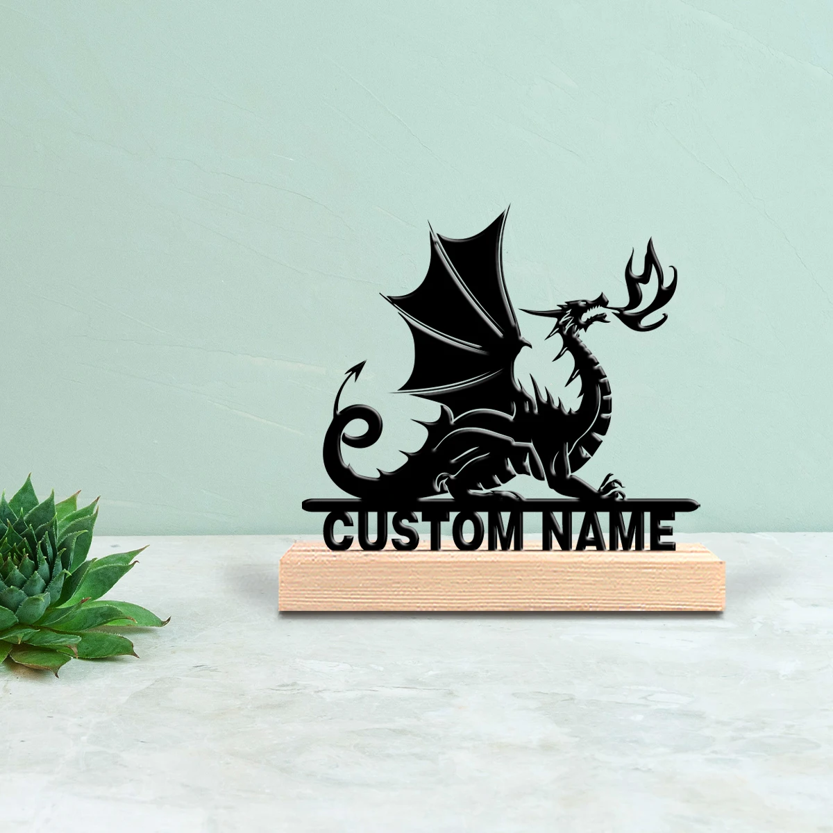 1pc Minimalist Fire-breathing dinosaur Customized Text Tin Statue Tin Ornament Tin Sculpture With Wood Base Handicraft