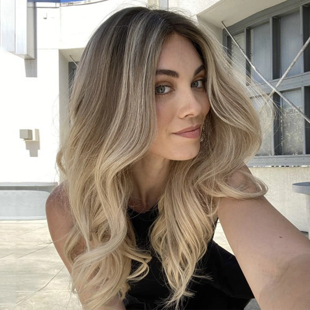 HD Lace Front Glueless Wig Creamy Blonde Highlights Wig Dark Roots Heat Resistant Luxury Human Hair Synthetic Blended Fiber