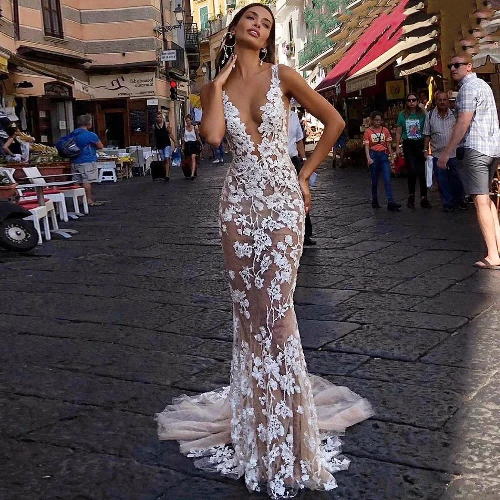 2024 Sexy Lace Mermaid Wedding Dress Plunging V-Neck Boho Backless Bridal Gown Custom Vestido De Noiva vestido de noiva